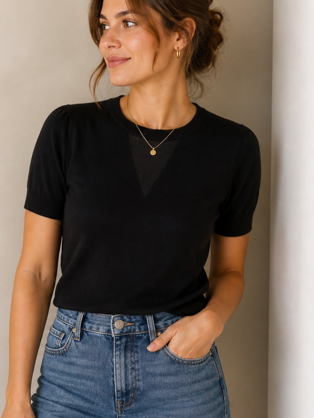 Dkny Black Short-Sleeve Knit Top With V Mesh Insert